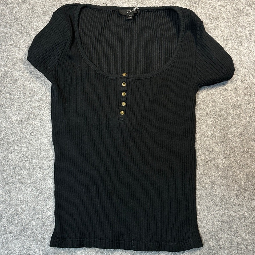 J.Crew Ribbed Henley Short Sleeve Top XS Black Gold Button Detail